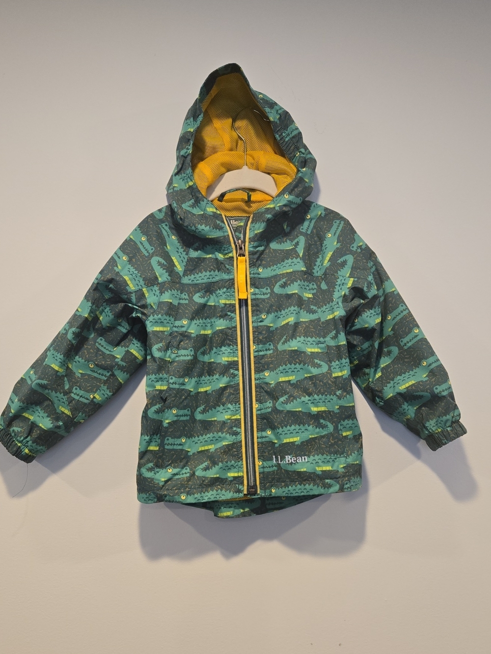 L.L. Bean Green Alligator Print Kids Hooded Rain Jacket with Yellow Lining